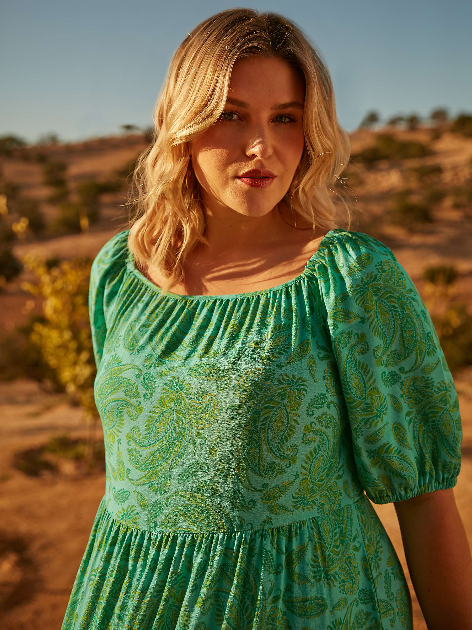Buy Live Unlimited Curve Paisley Puff Sleeve Midi Dress, Green/Multi Online at johnlewis.com