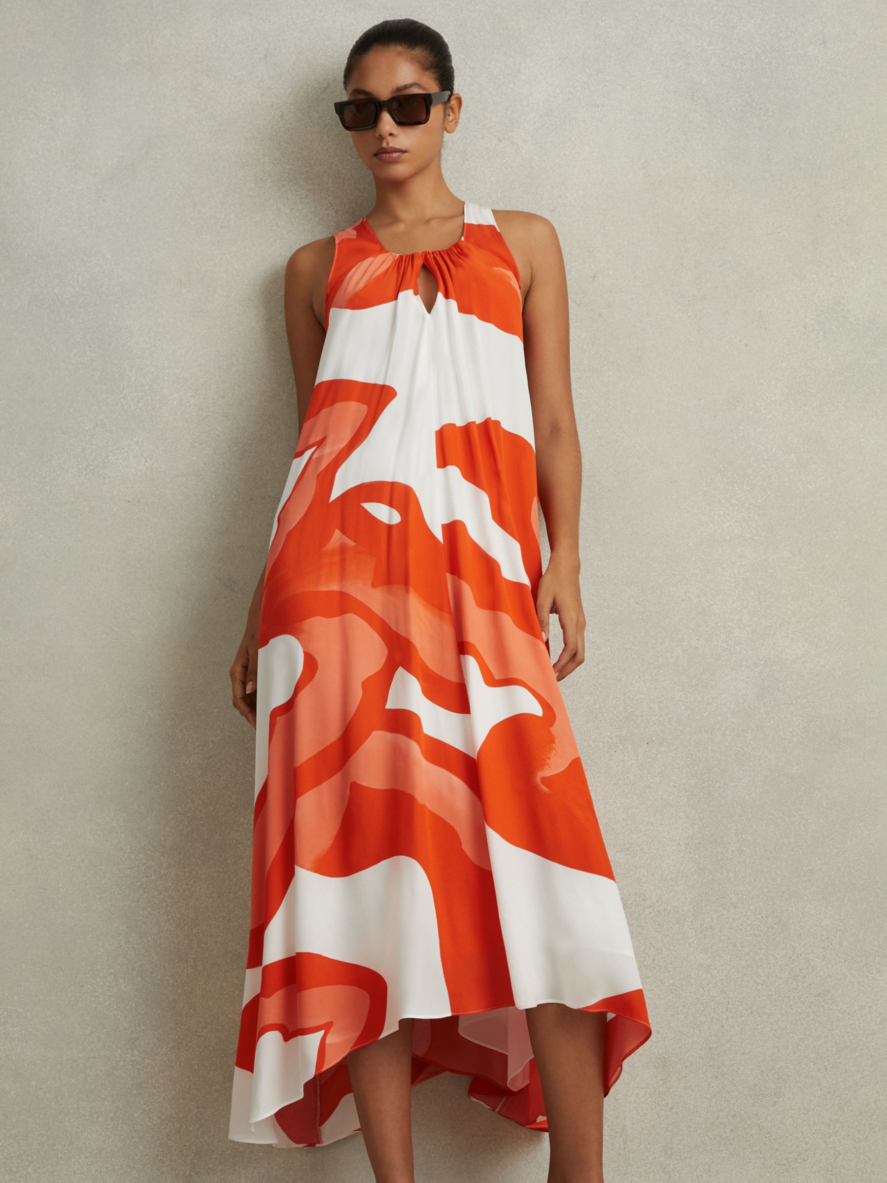 Buy Reiss Avia Abstract Print Dipped Hem Midi Dress, Orange/White Online at johnlewis.com