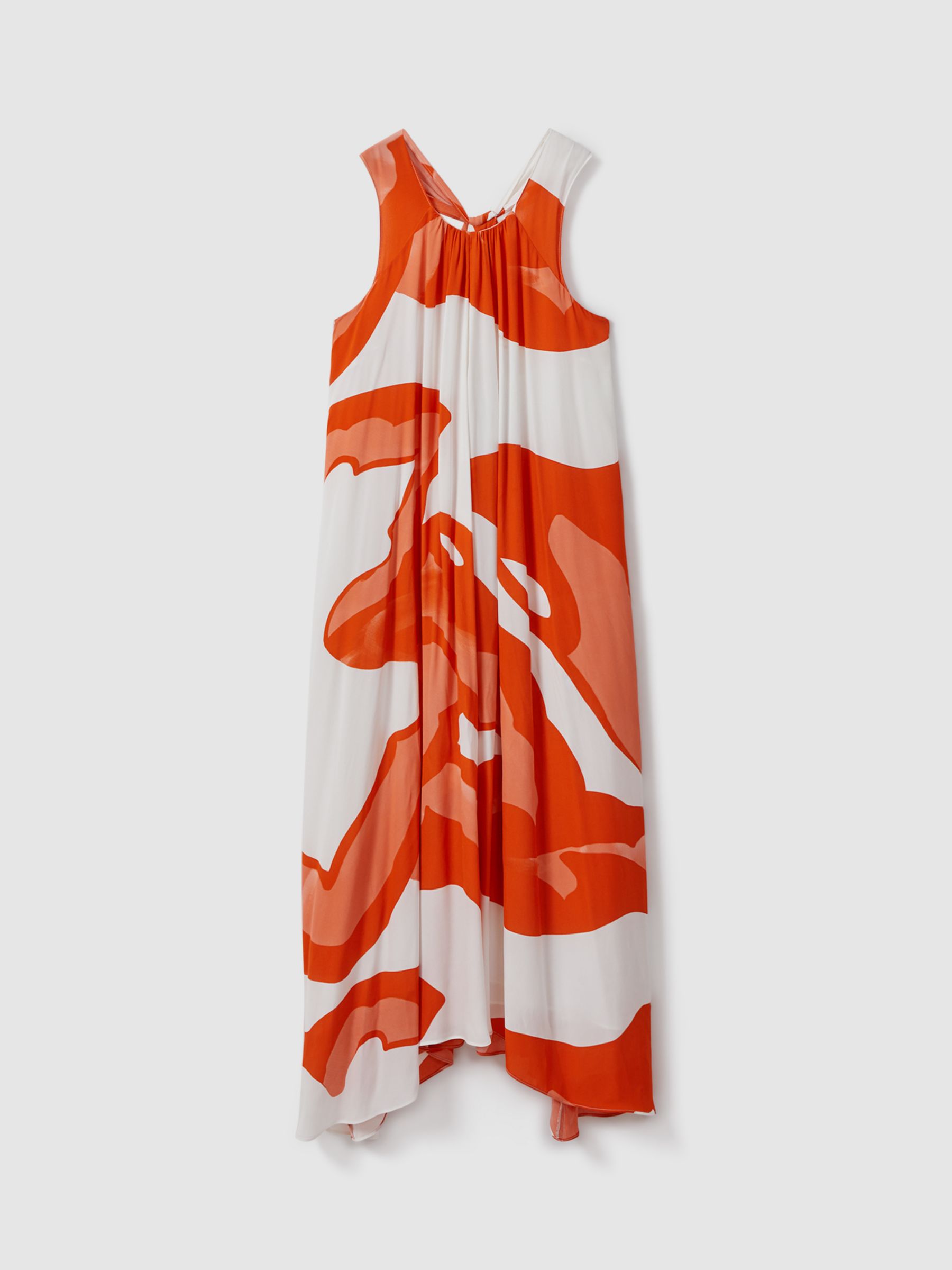 Reiss Avia Abstract Print Dipped Hem Midi Dress, Orange/White, 6