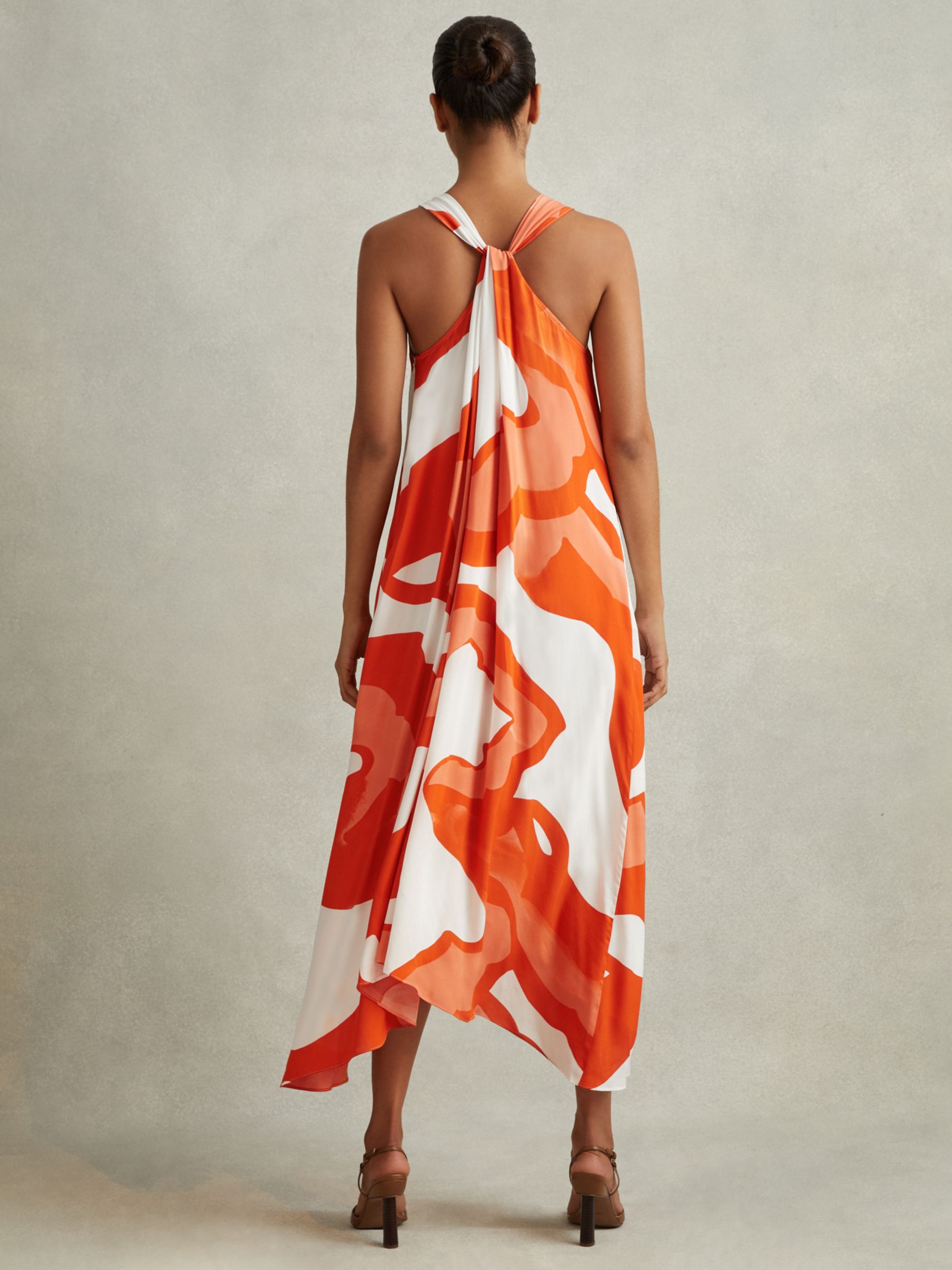 Reiss Avia Abstract Print Dipped Hem Midi Dress, Orange/White, 6