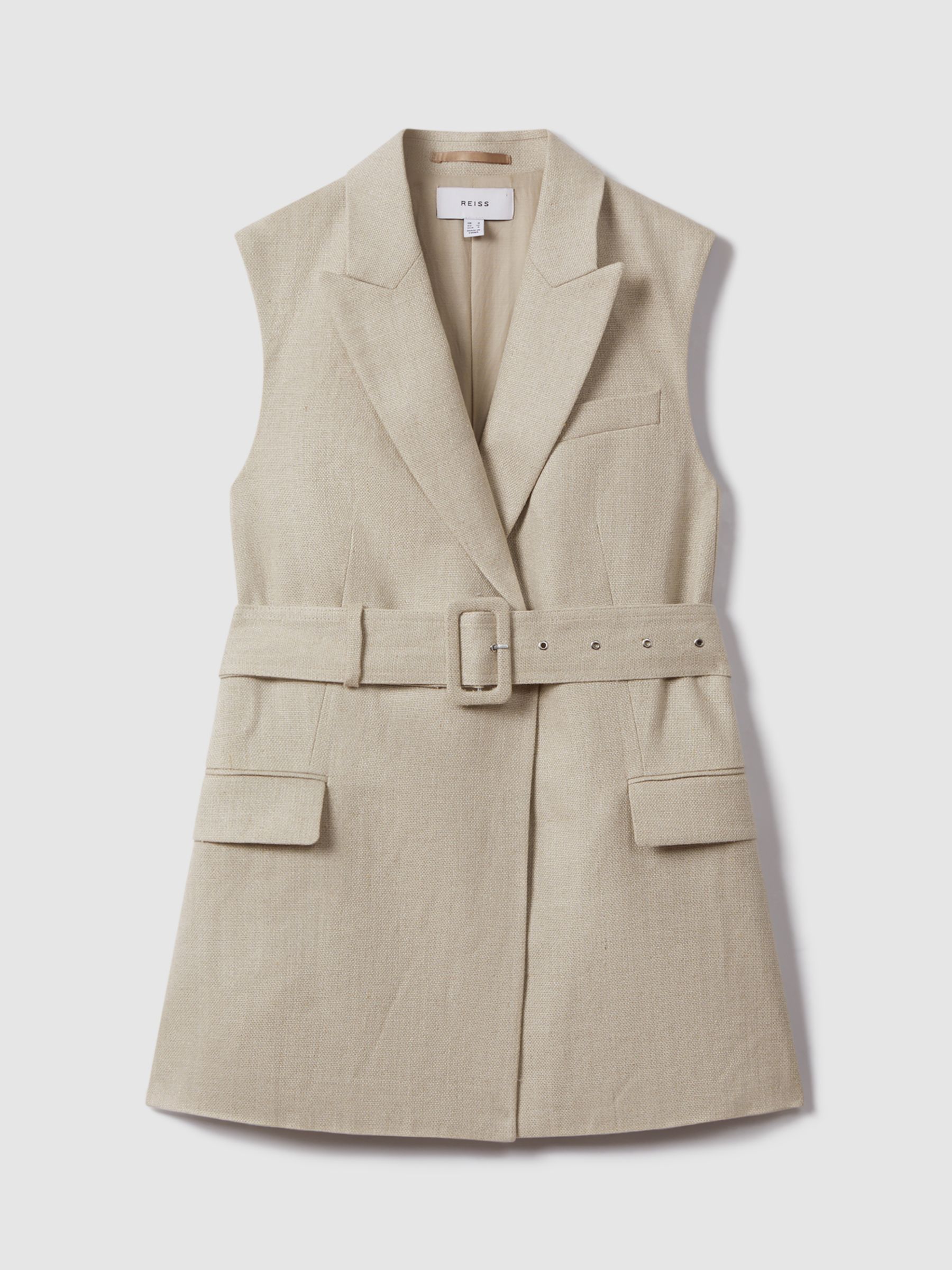 Reiss Cassie Belted Linen Waistcoat, Natural, 6