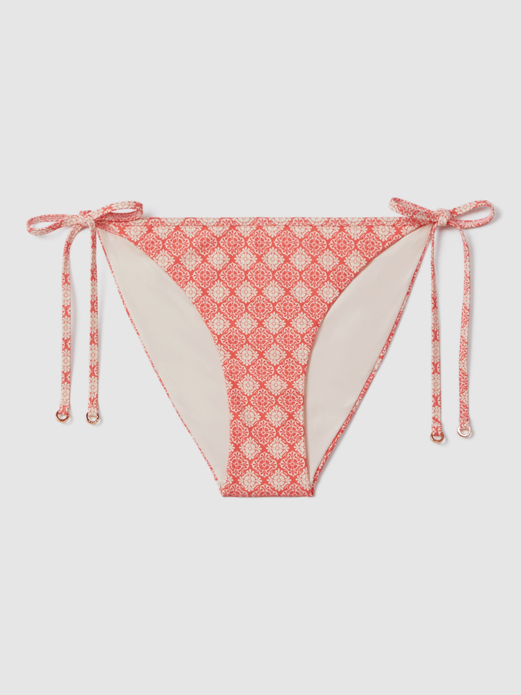 Reiss Kallie Tile Print Tie Side Bikini Bottoms, Cream/Coral, 6