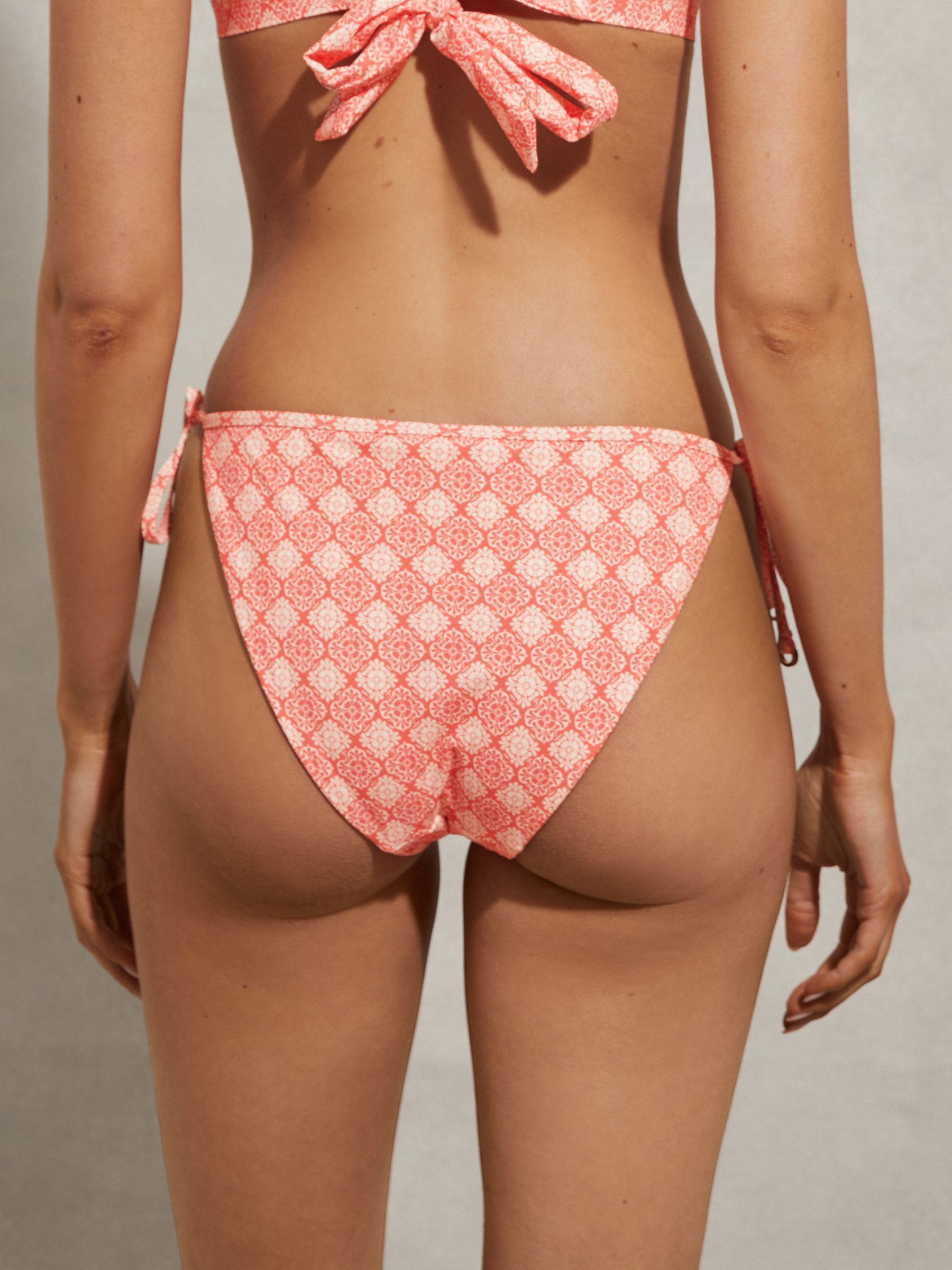 Reiss Kallie Tile Print Tie Side Bikini Bottoms, Cream/Coral, 6