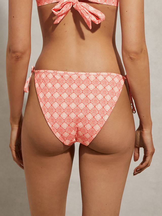 Reiss Kallie Tile Print Tie Side Bikini Bottoms, Cream/Coral