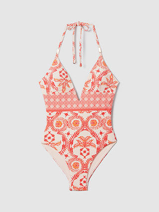 Reiss Leonora Fern Print Halterneck Swimsuit, Cream/Coral