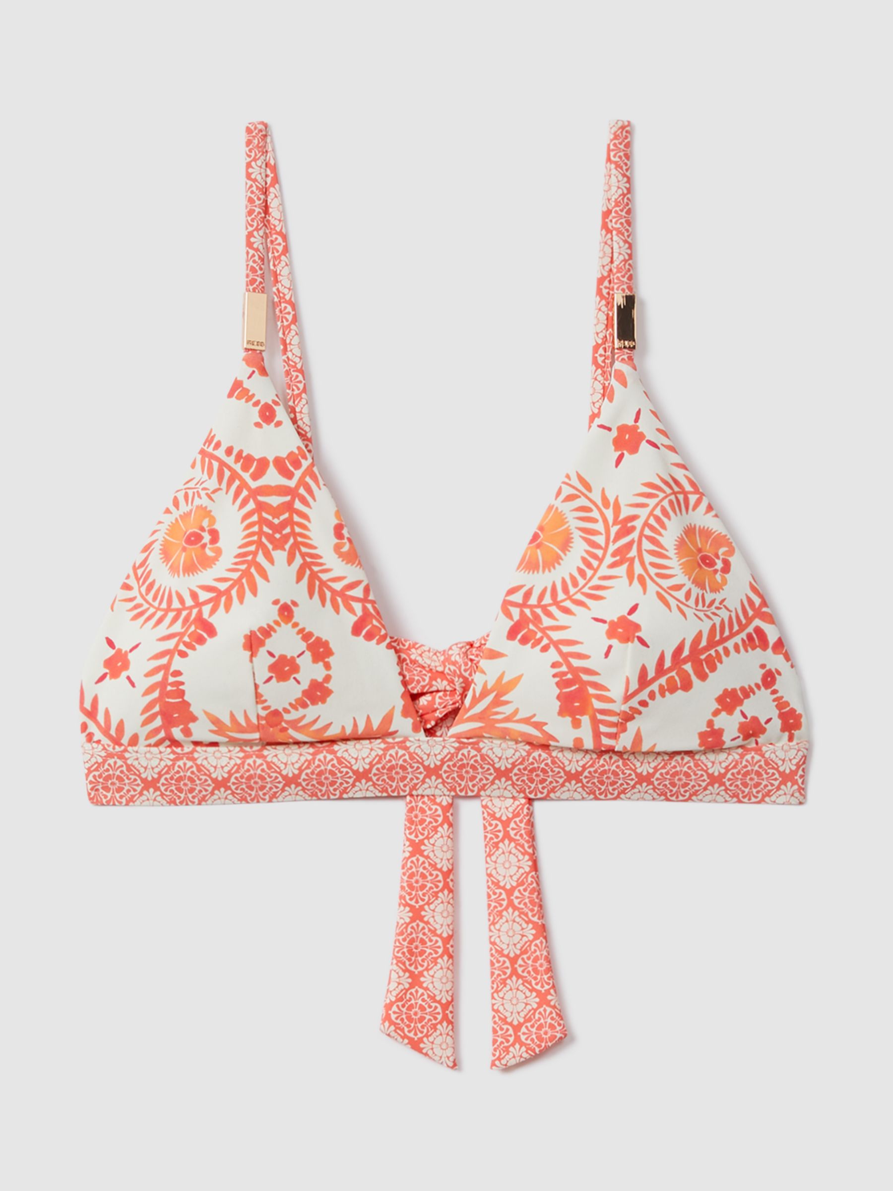 Reiss Kallie Fern Print Triangle Bikini Top, Cream/Coral, 6