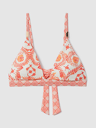 Reiss Kallie Fern Print Triangle Bikini Top, Cream/Coral