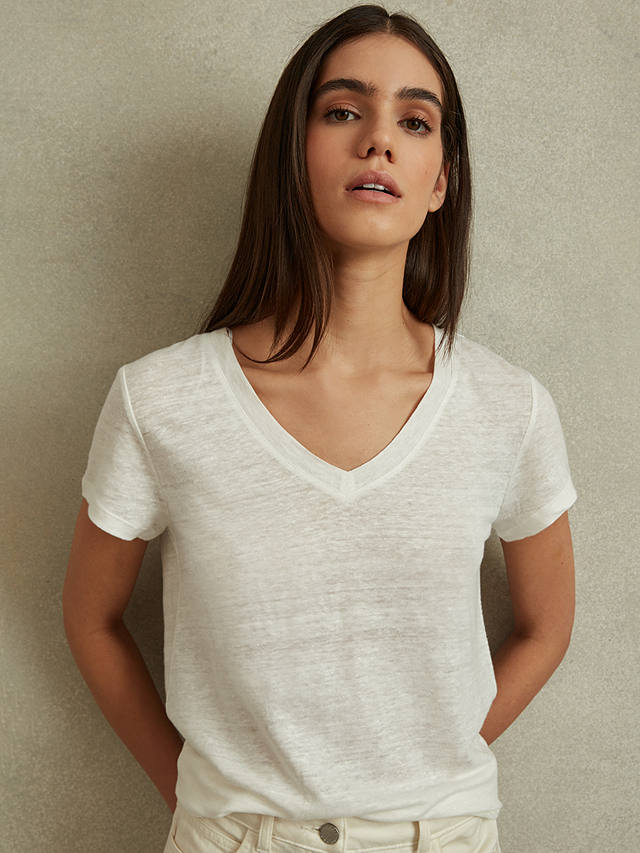 Reiss Lottie Linen V-Neck T-Shirt, White