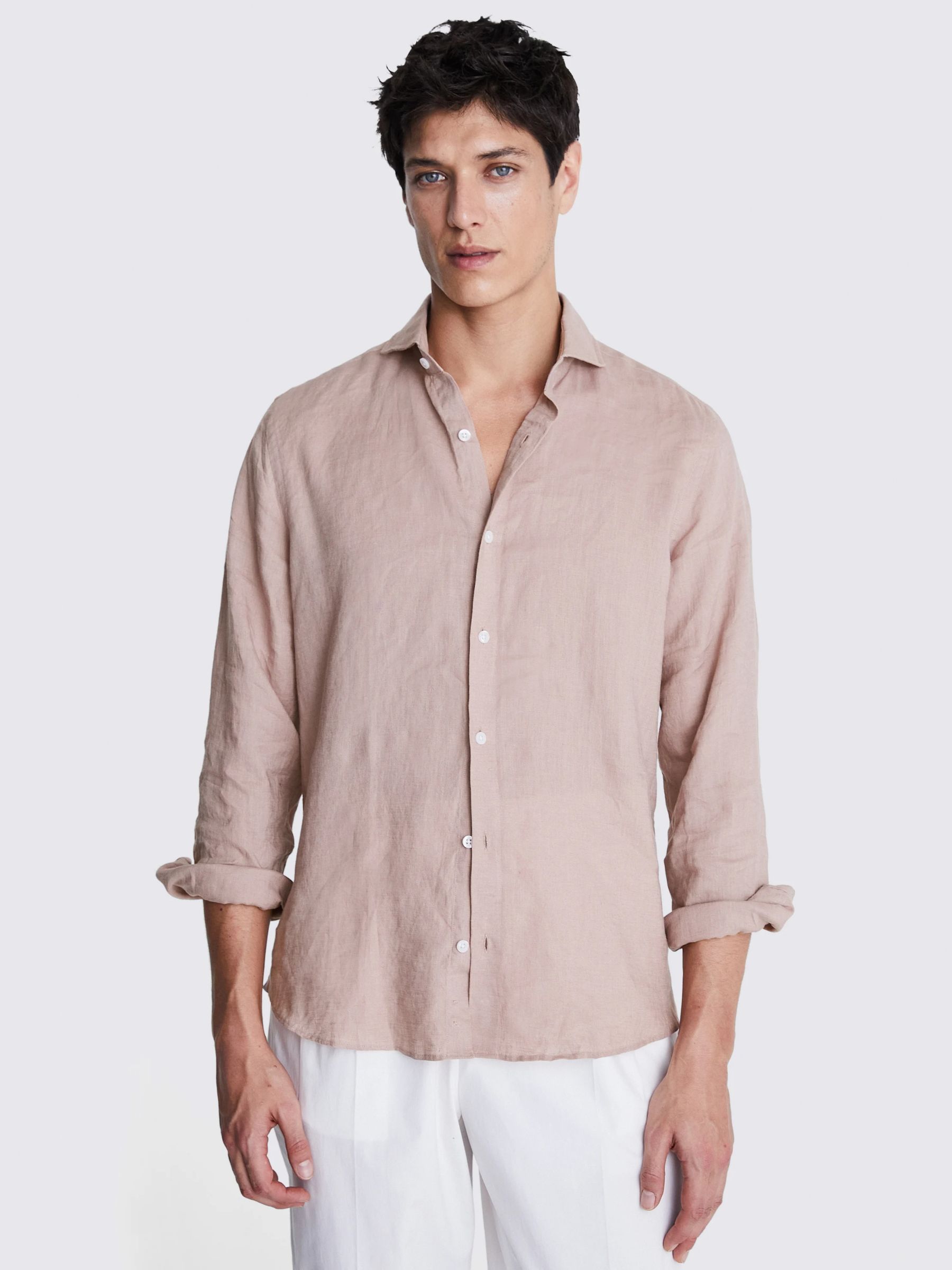Moss Tailored Fit Linen Long Sleeve Shirt, Dusty Pink, S