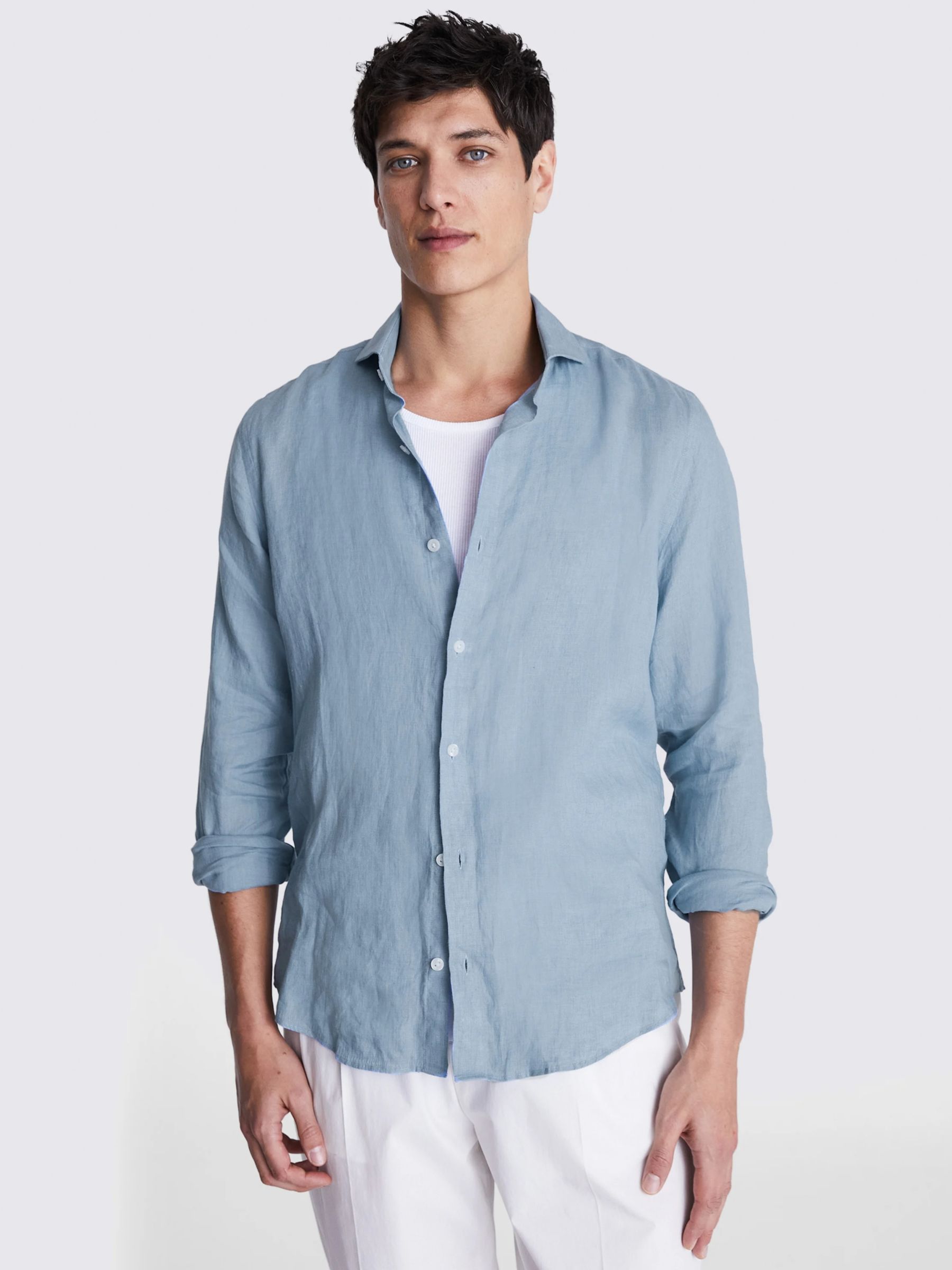 Moss Tailored Fit Linen Long Sleeve Shirt, Soft Blue, S