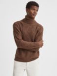 Reiss Alston Long Sleeve Roll Neck Cable Jumper, Tobacco