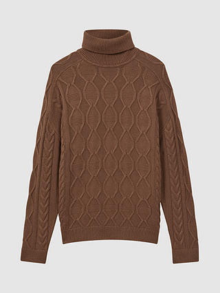 Reiss Alston Long Sleeve Roll Neck Cable Jumper, Tobacco