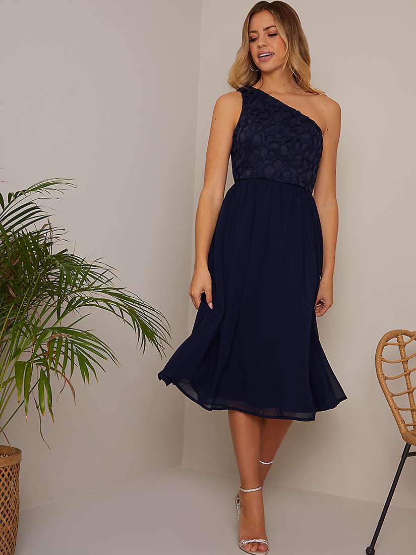 Buy Chi Chi London One Shoulder Lace Chiffon Midi Dress, Navy Online at johnlewis.com
