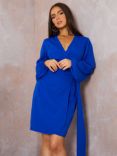 Chi Chi London Long Sleeve Wrap Knee Length Dress, Cobalt