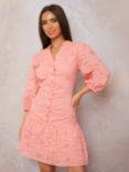 Chi Chi London Broderie Anglaise Shirt Dress, Coral