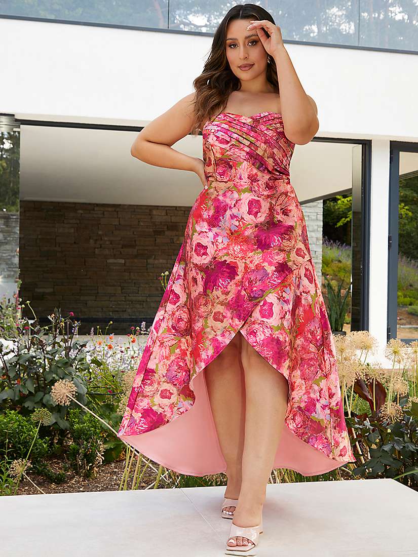 Buy Chi Chi London Floral Print Strapless Wrap Effect Midi Dress, Pink/Multi Online at johnlewis.com