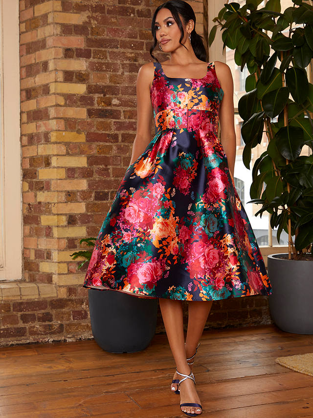 Chi Chi London Floral Print Fit & Flare Midi Dress, Navy/Multi