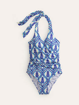 Boden Levanzo Pineapple Print Ruched Halterneck Swimsuit, Blue/Multi