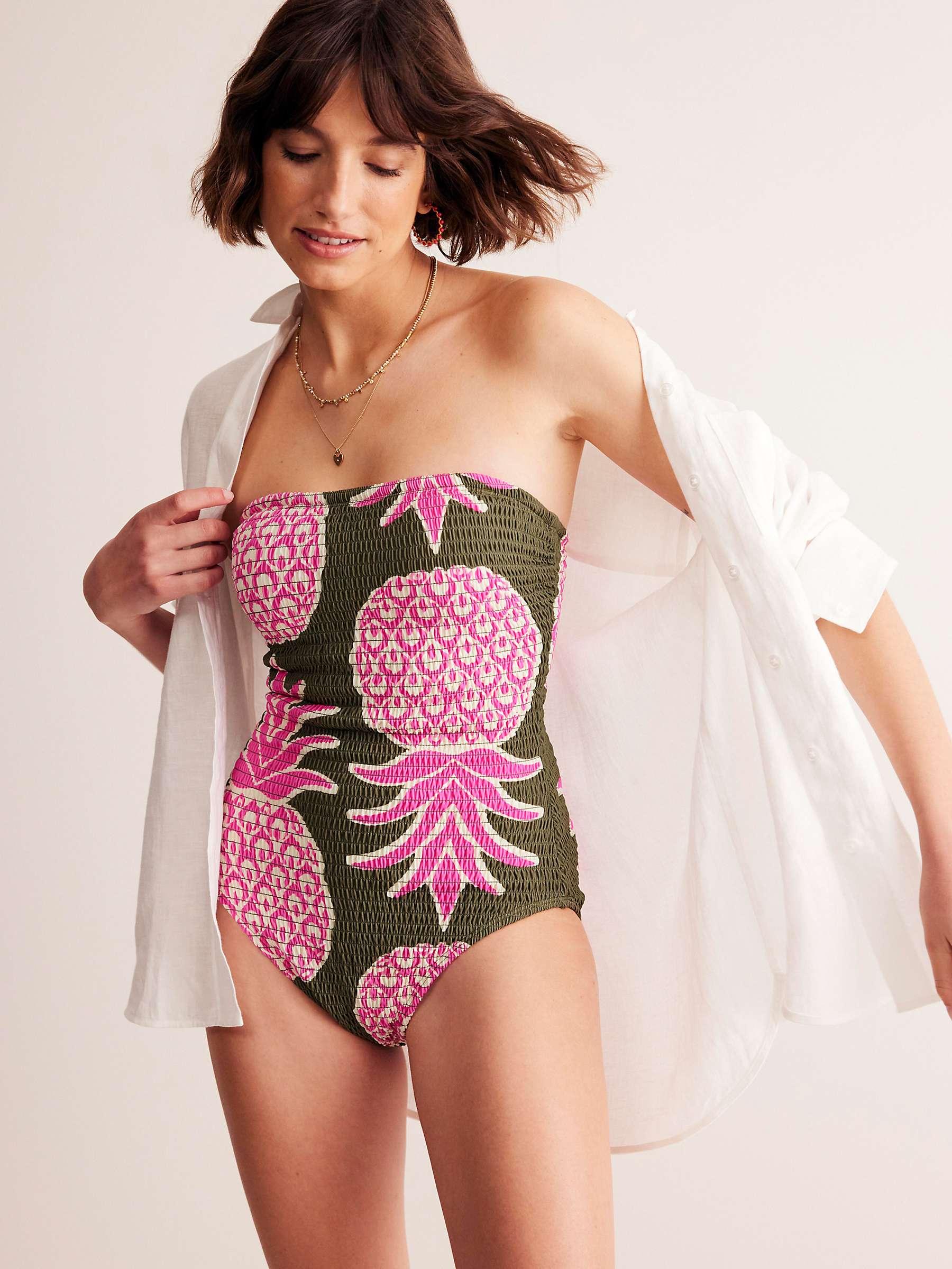 Buy Boden Milos Smocked Bandeau Pineapple Swimsuit, Winter Moss/Pop Online at johnlewis.com