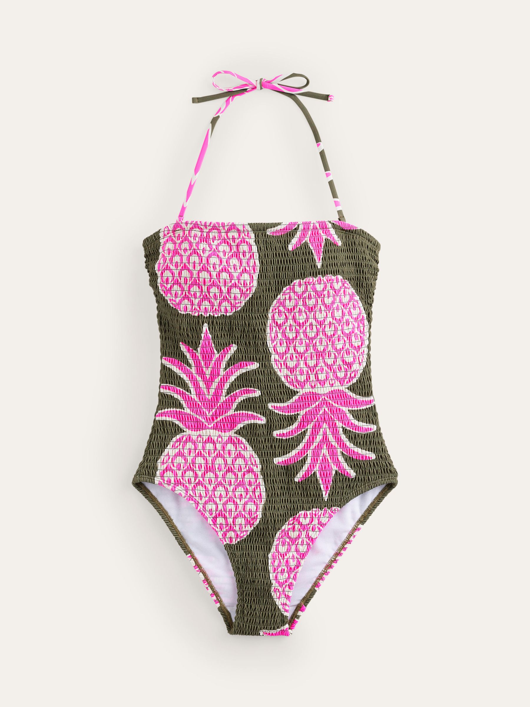 Boden Milos Smocked Bandeau Pineapple Swimsuit, Winter Moss/Pop, 8