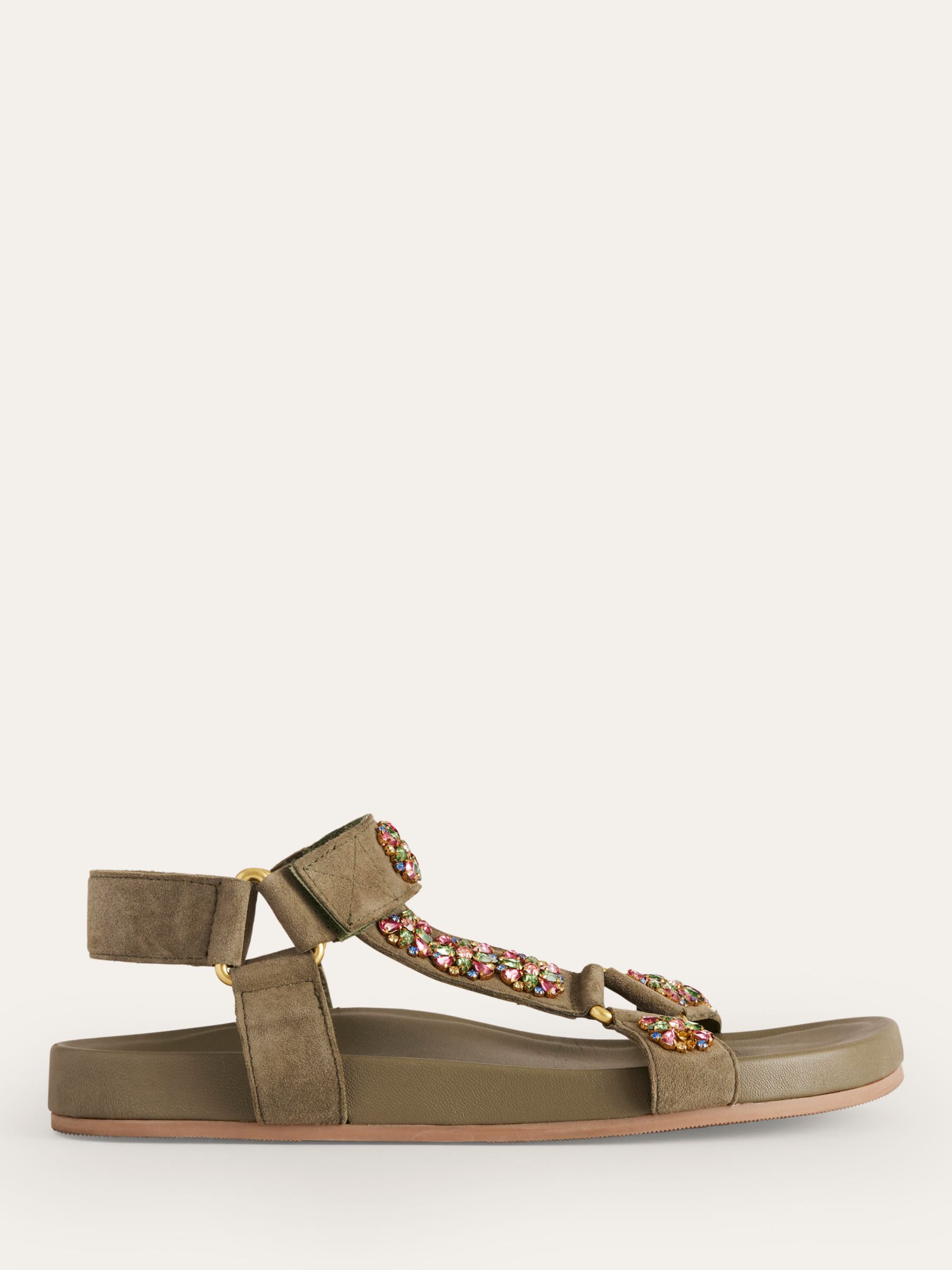 Boden Embellished Suede Trek Style Sandals, Deep Olive, 4
