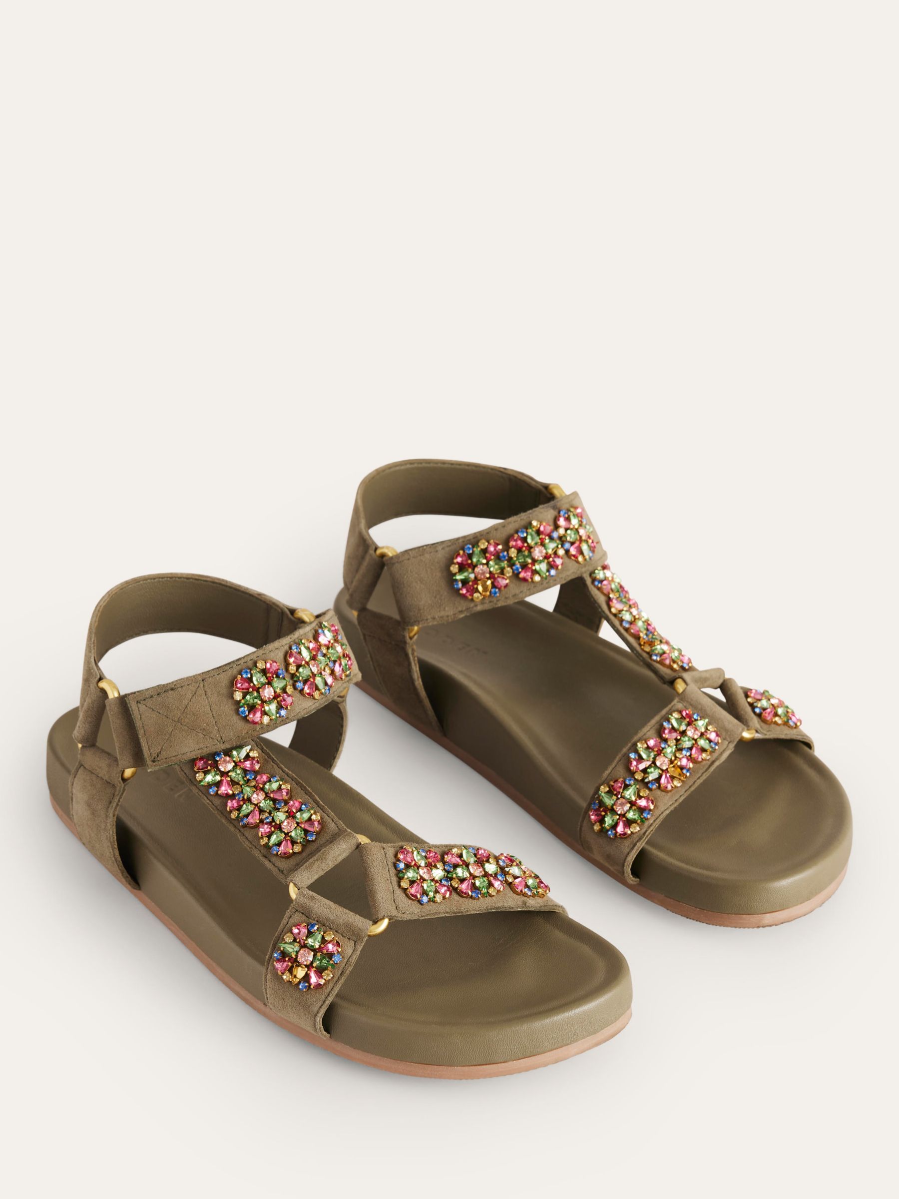 Boden Embellished Suede Trek Style Sandals, Deep Olive, 4