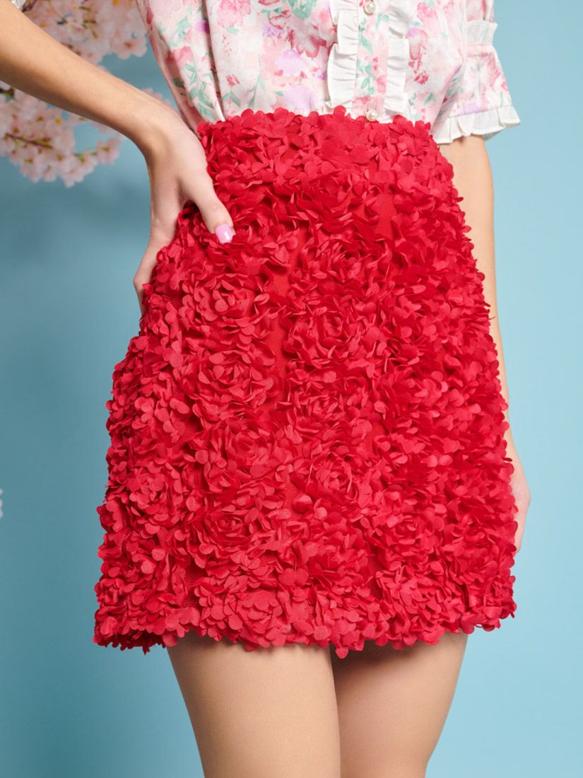 Sister Jane Textured Rose Plume Mini Skirt, Red, 6