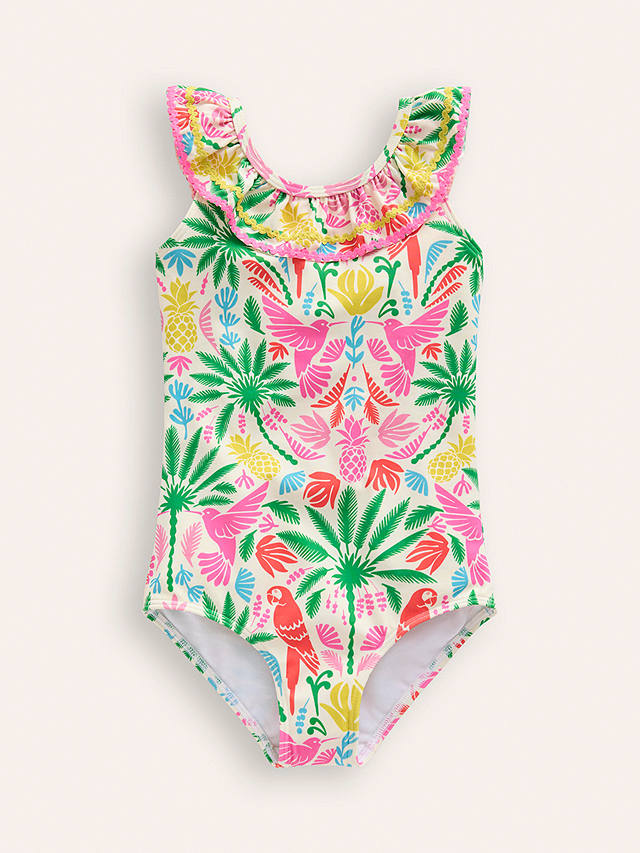Mini Boden Kids' Frill Neck Palm and Bird Print Swimsuit, Multi Rainbow