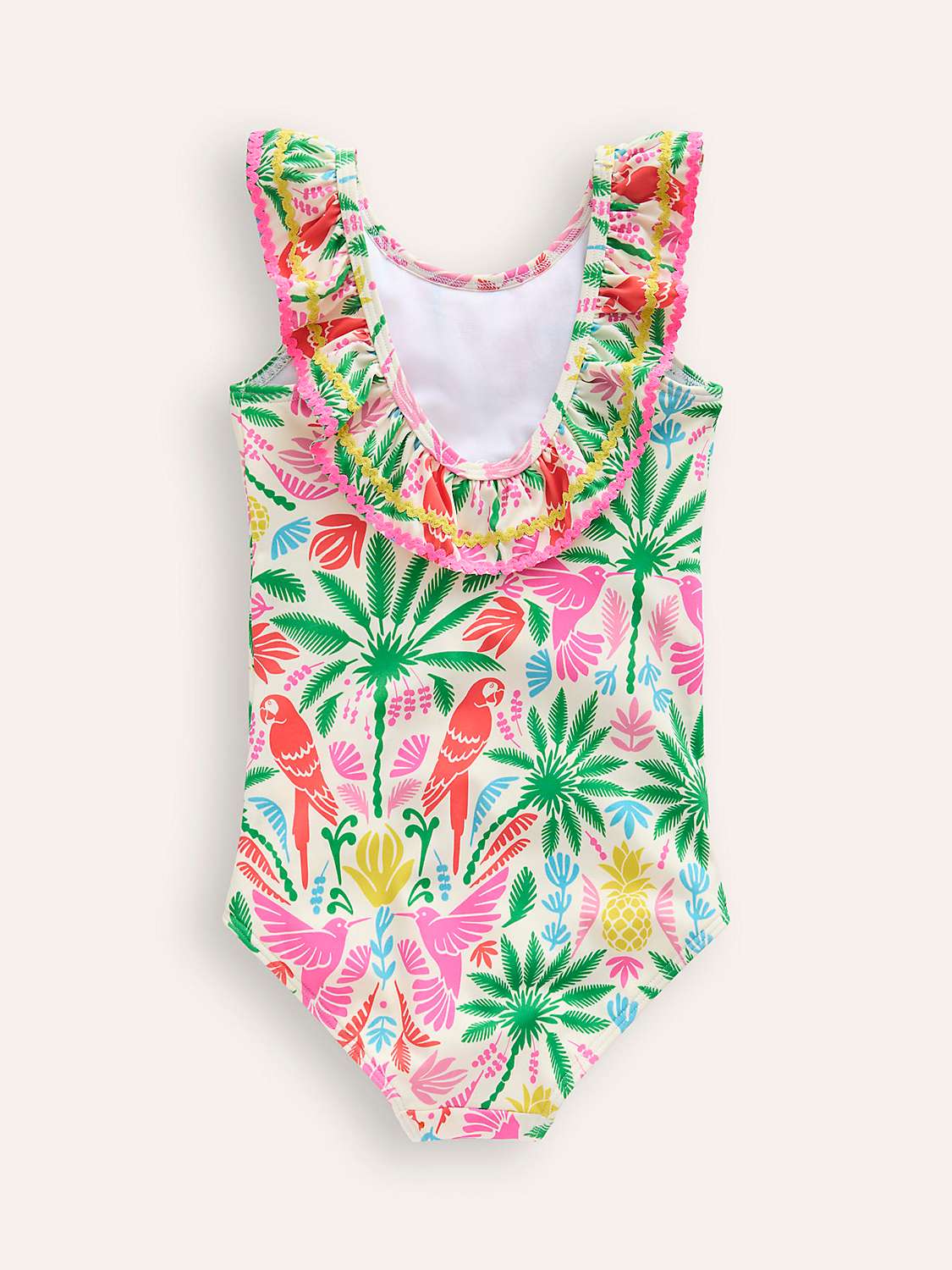 Buy Mini Boden Kids' Frill Neck Palm and Bird Print Swimsuit, Multi Rainbow Online at johnlewis.com