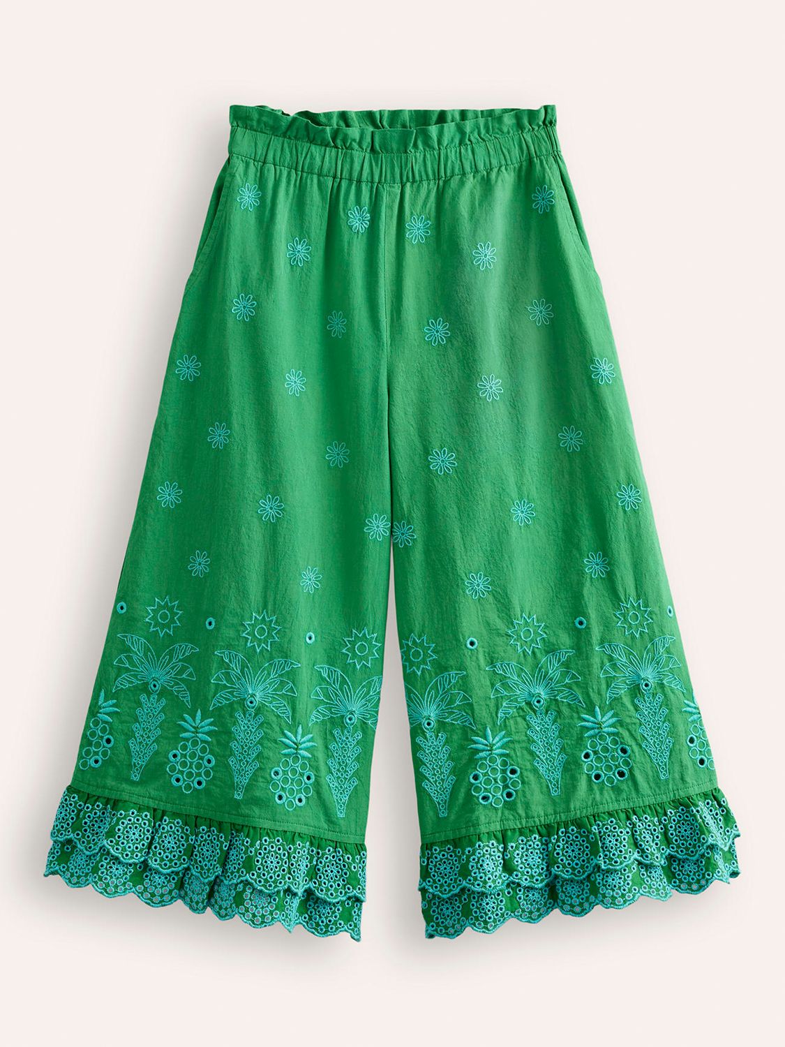 Mini Boden Kids' Broderie Wide Leg Trousers, Highland Green, 3 years