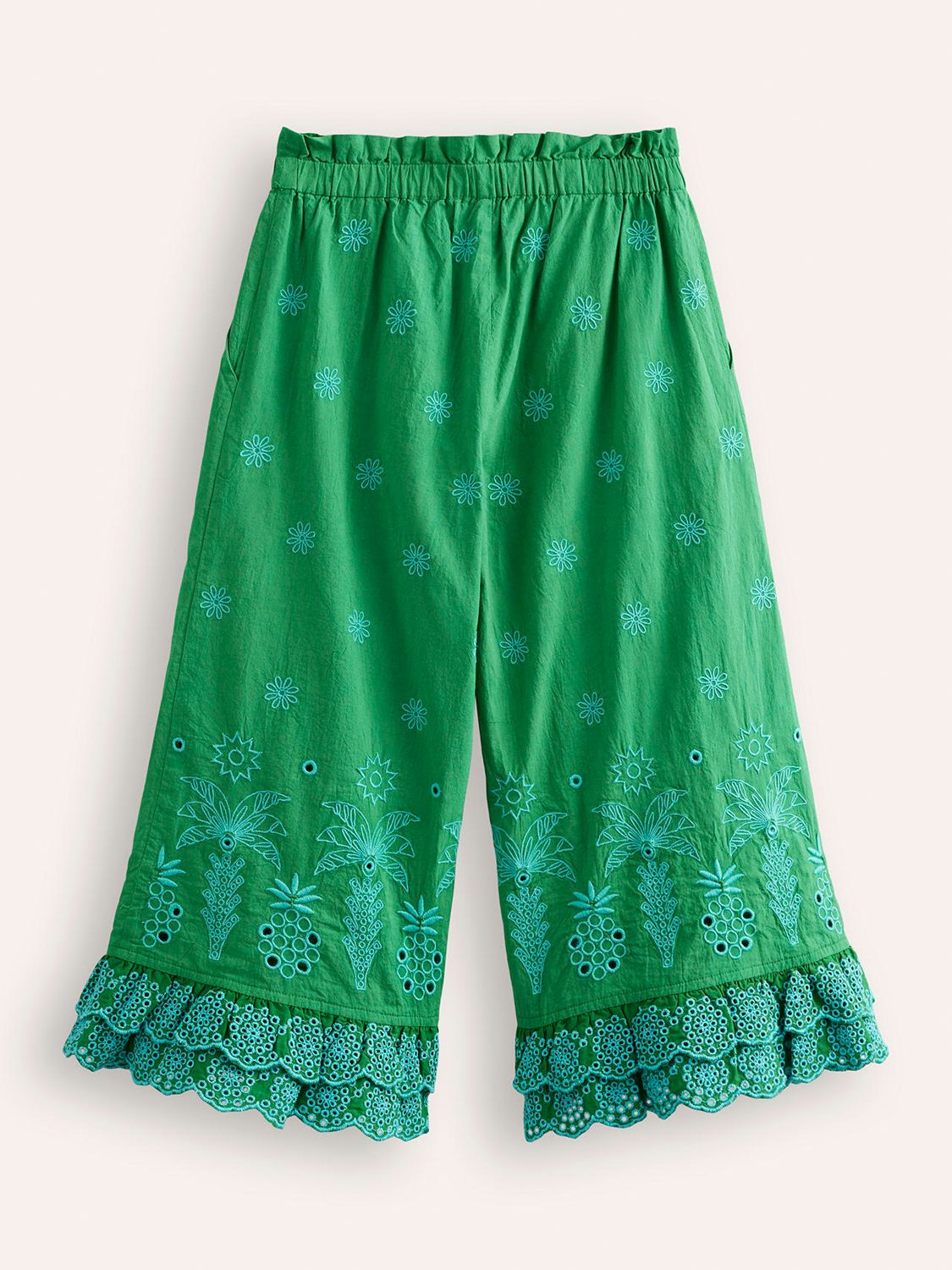 Mini Boden Kids' Broderie Wide Leg Trousers, Highland Green, 3 years