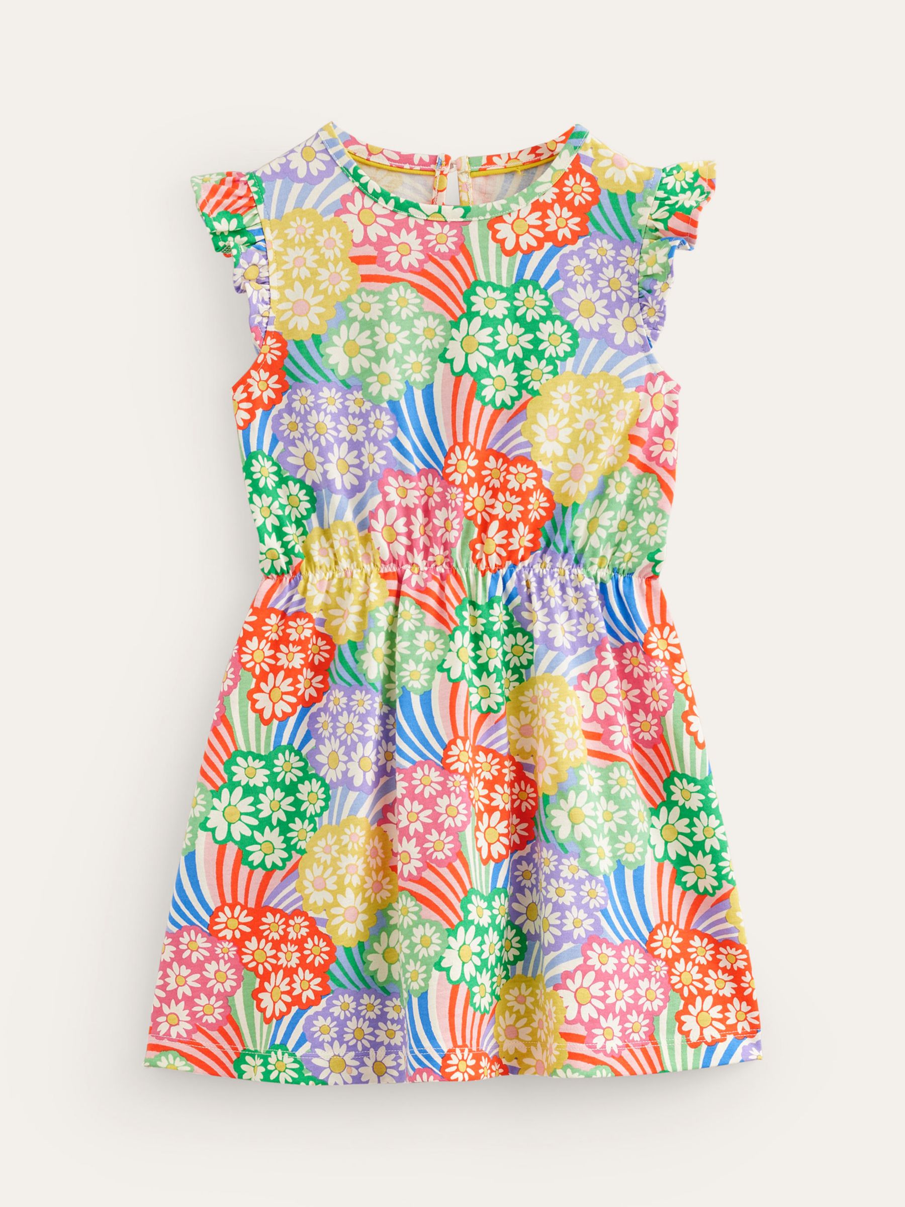 Mini Boden Kids' Frill Sleeve Daisies Print Dress, Rainbow, 2-3 years
