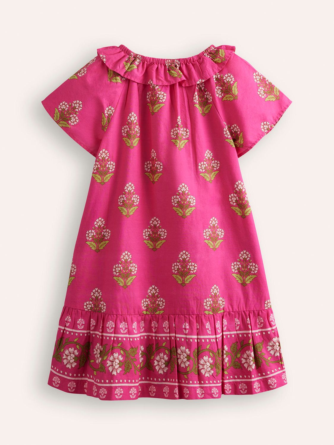 Mini Boden Kids' Floral Print Ruffle Neck Pull On Holiday Dress, Pink, 2-3 years