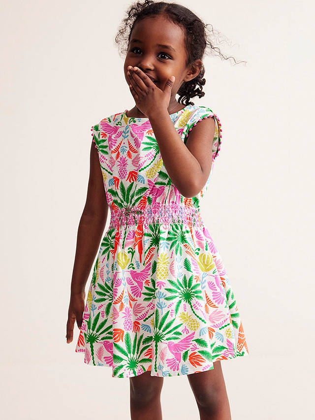 Mini Boden Kids' Rainbow Palm Print Shirred Waist Jersey Dress, Multi