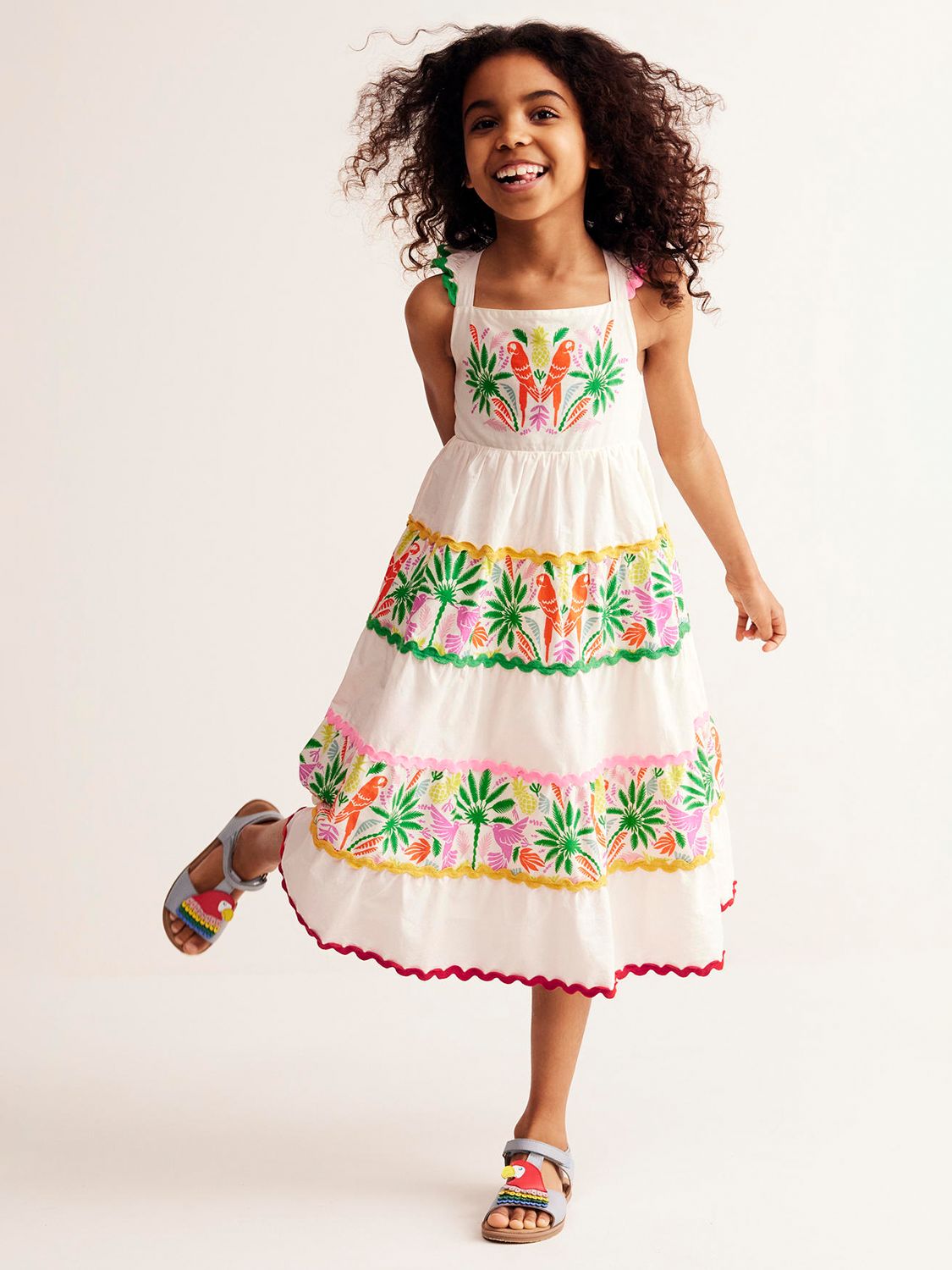 Mini Boden Kids' Rainbow Palm Twirly Ric Rac Tiered Dress, Multi, 2-3 years