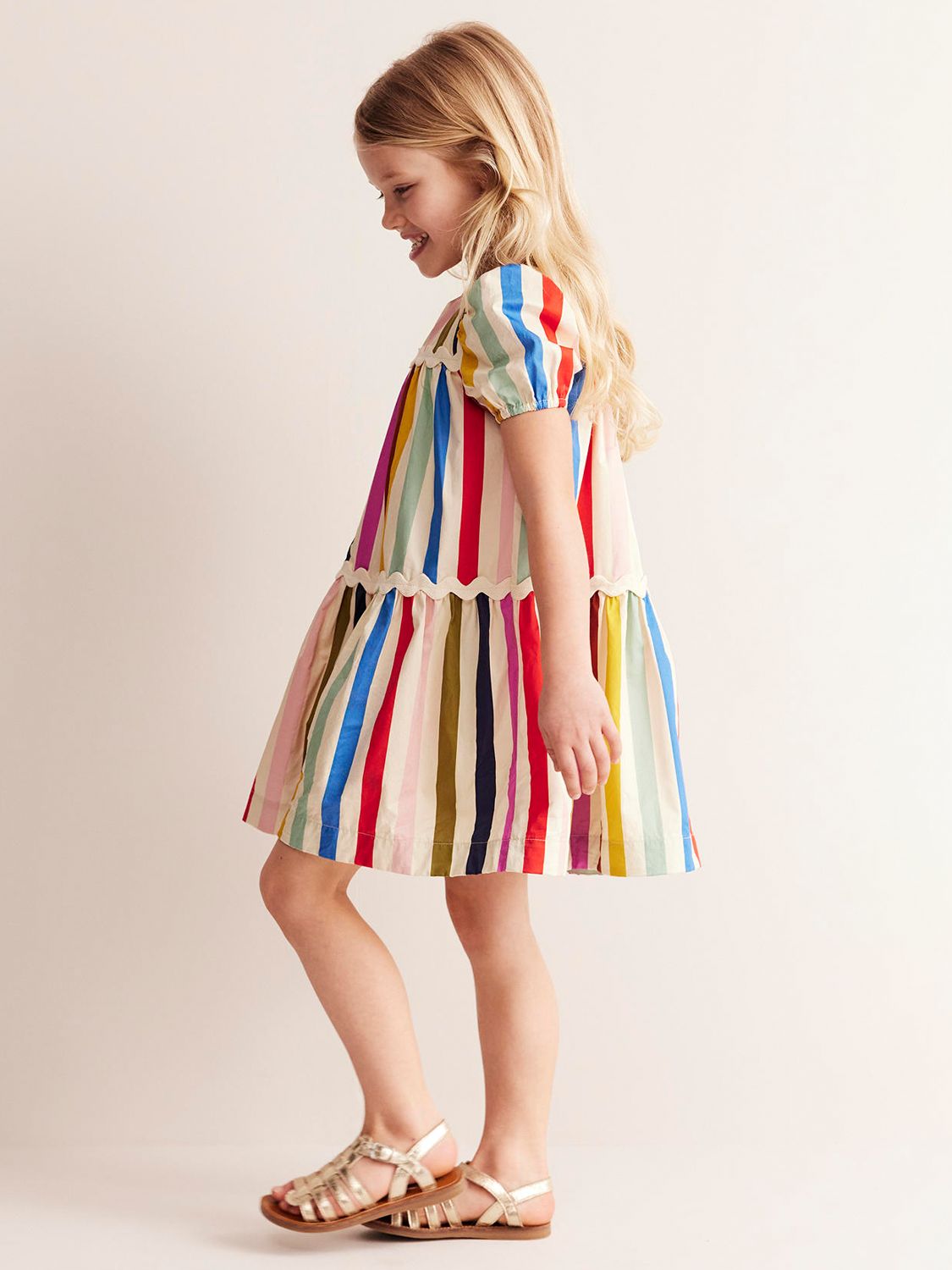 Mini Boden Kids' Rainbow Stripe Ric Rac Detail Tiered Dress, Multi, 2-3 years