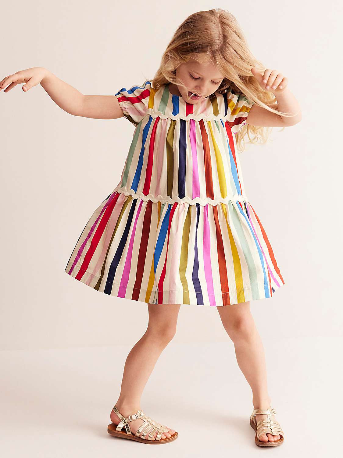 Buy Mini Boden Kids' Rainbow Stripe Ric Rac Detail Tiered Dress, Multi Online at johnlewis.com