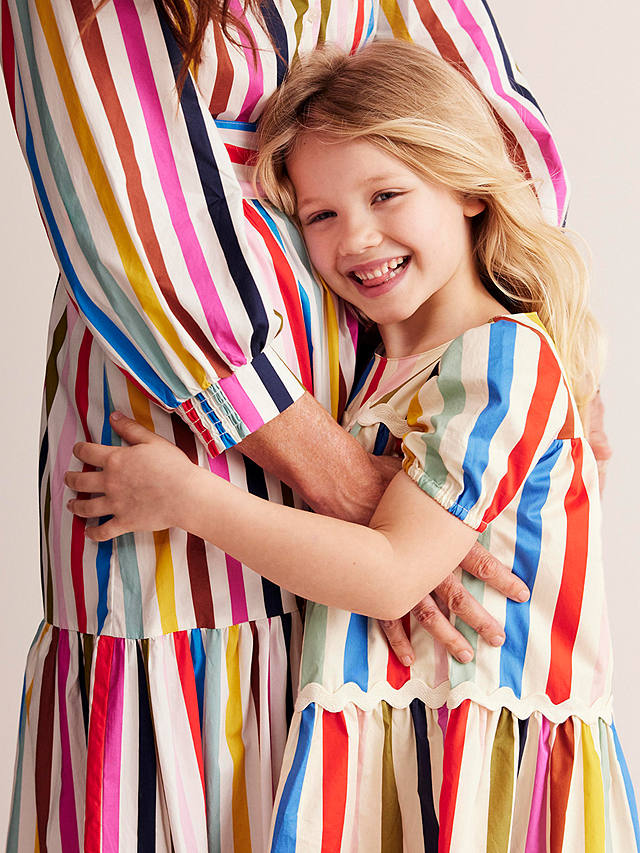 Mini Boden Kids' Rainbow Stripe Ric Rac Detail Tiered Dress, Multi