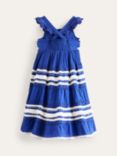 Boden Kids' Tiered Twirly Ric Rac Dress, Sapphire Blue/White