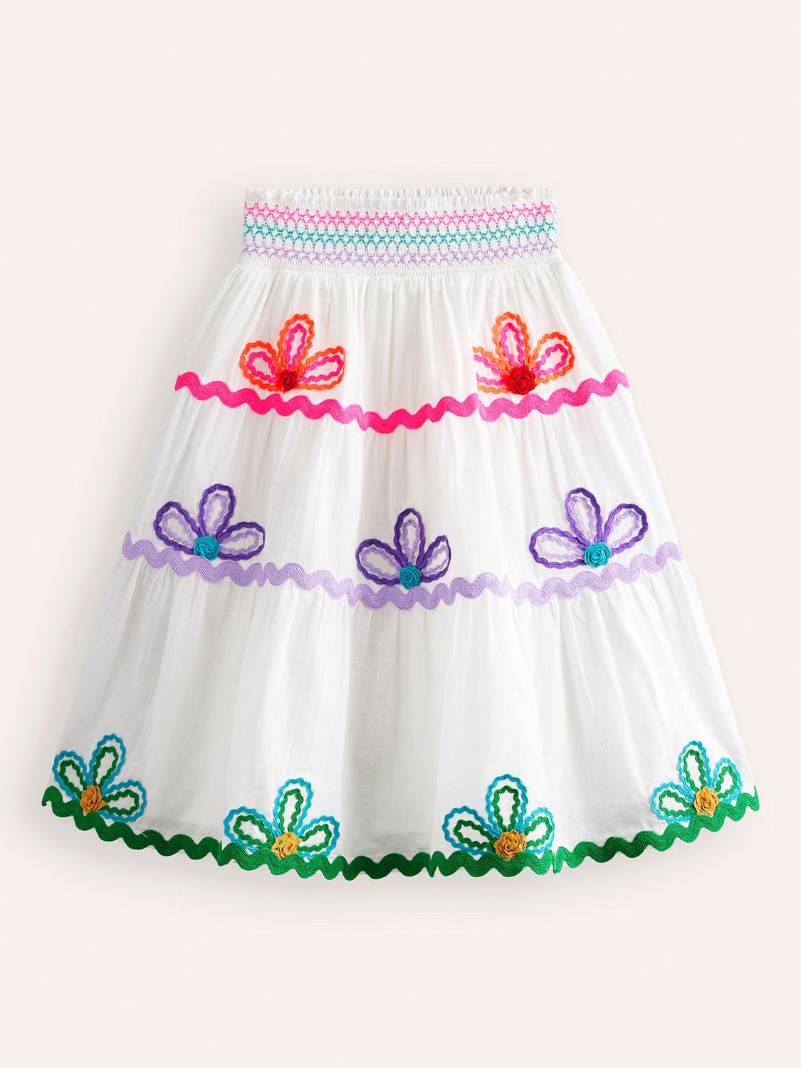 Mini Boden Kids' Ric Rac Detail Cotton Skirt, White/Multi, 5-6 years
