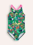 Mini Boden Kids' Cross-Back Swimsuit, Green Rainforest