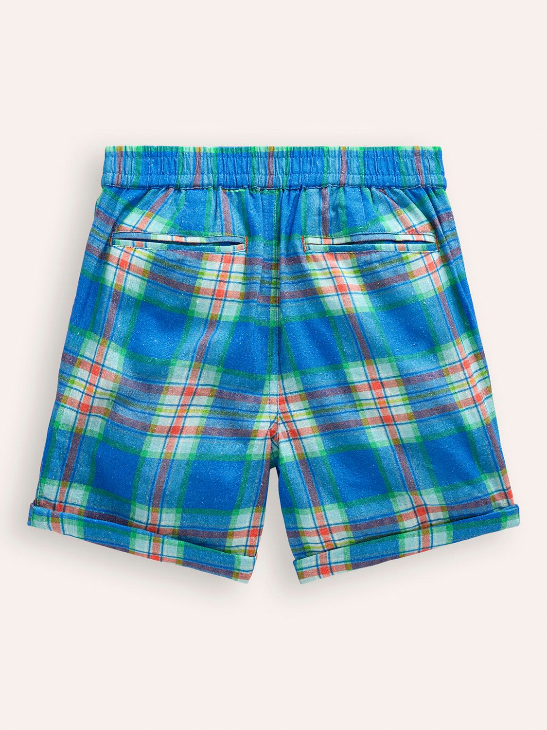 Mini Boden Kids' Linen Blend Smart Check Shorts, Blue/Green, 12-18 months