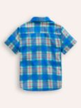 Mini Boden Kids' Checked Cotton Linen Blend Short Sleeve Shirt, Blue/Multi