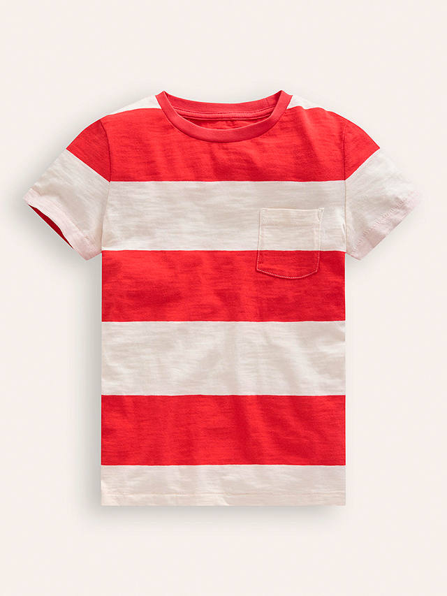 Mini Boden Kids' Wide Stripe Washed Slub T-Shirt, Poppy Red/Ivory