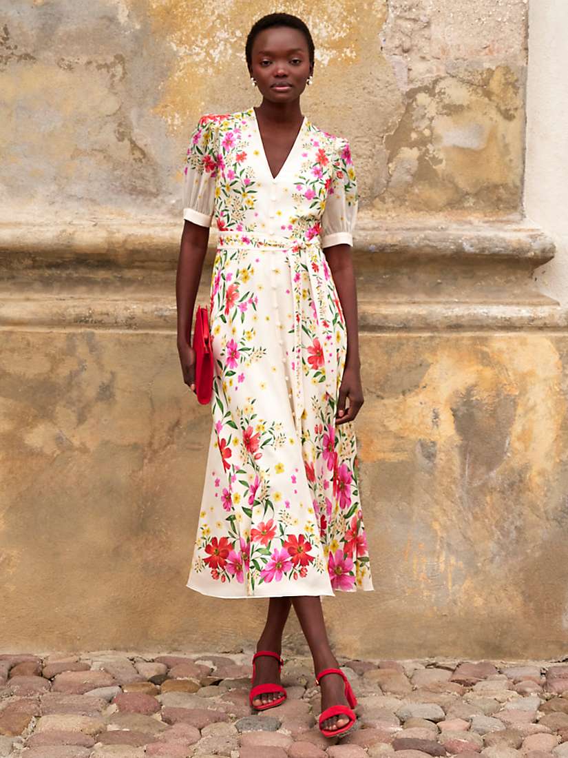 Buy Hobbs Aurelia Cascading Floral Print Silk Midi Dress, Cream/Multi Online at johnlewis.com