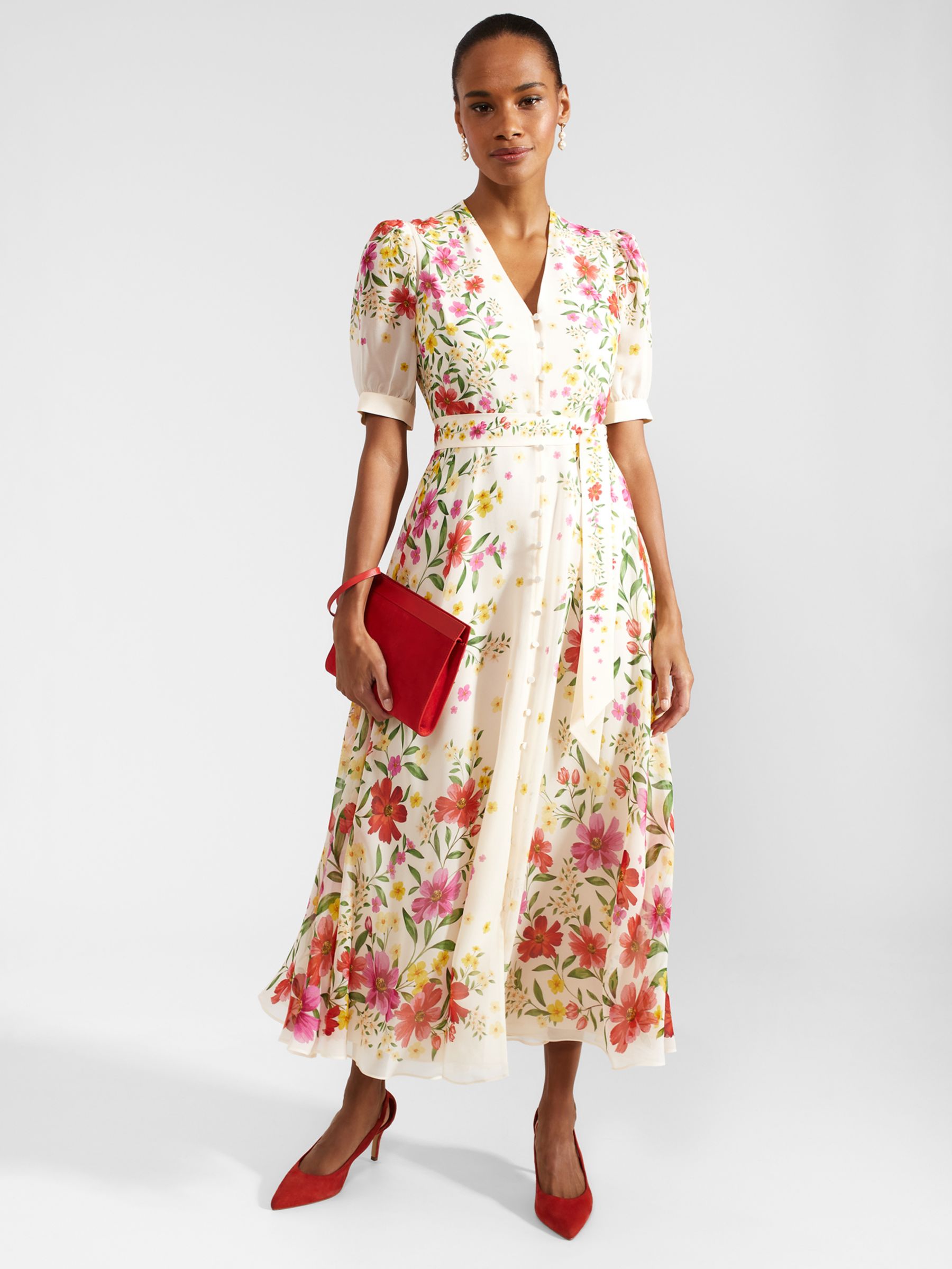Hobbs Aurelia Cascading Floral Print Silk Midi Dress, Cream/Multi, 10