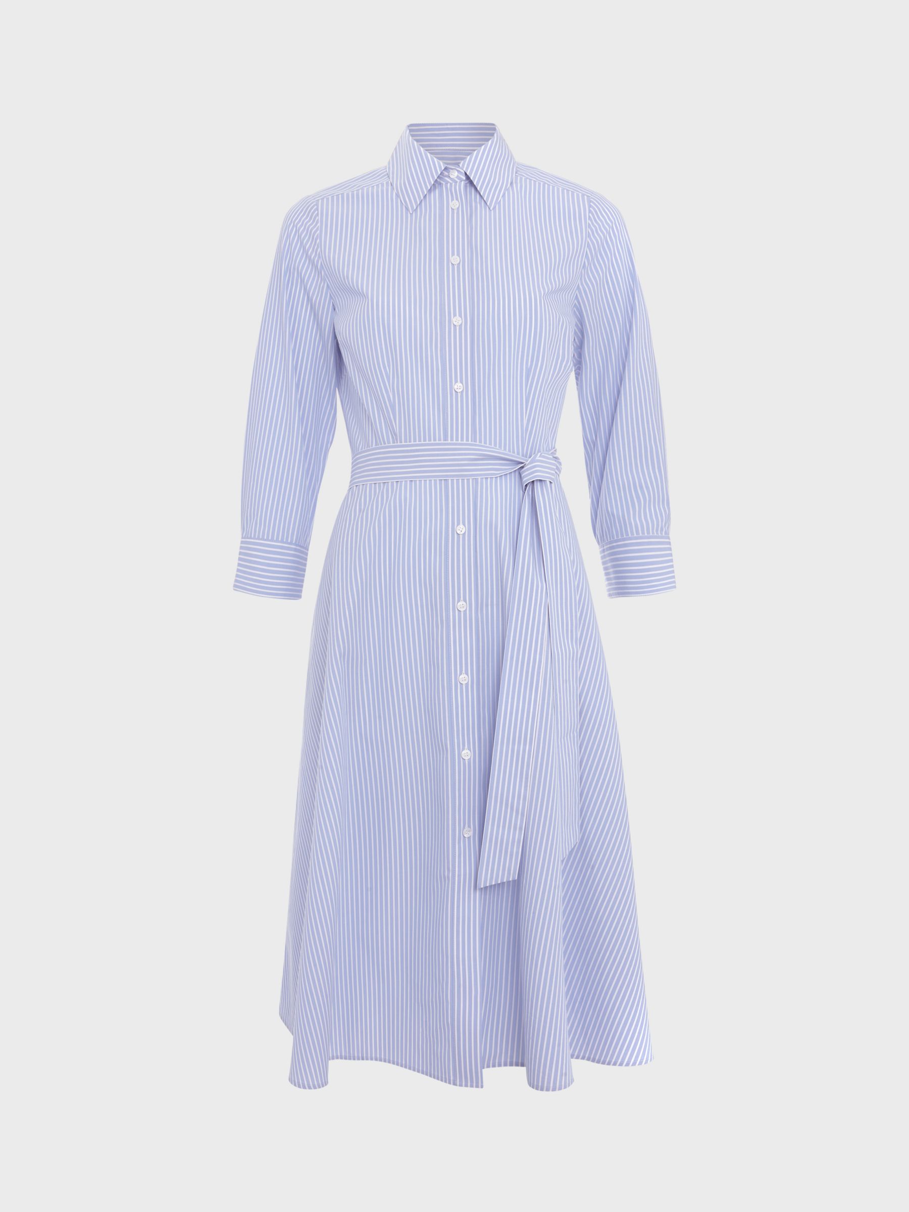 Hobbs Harlow Cotton Knee Length Shirt Dress, Blue/Ivory, 10