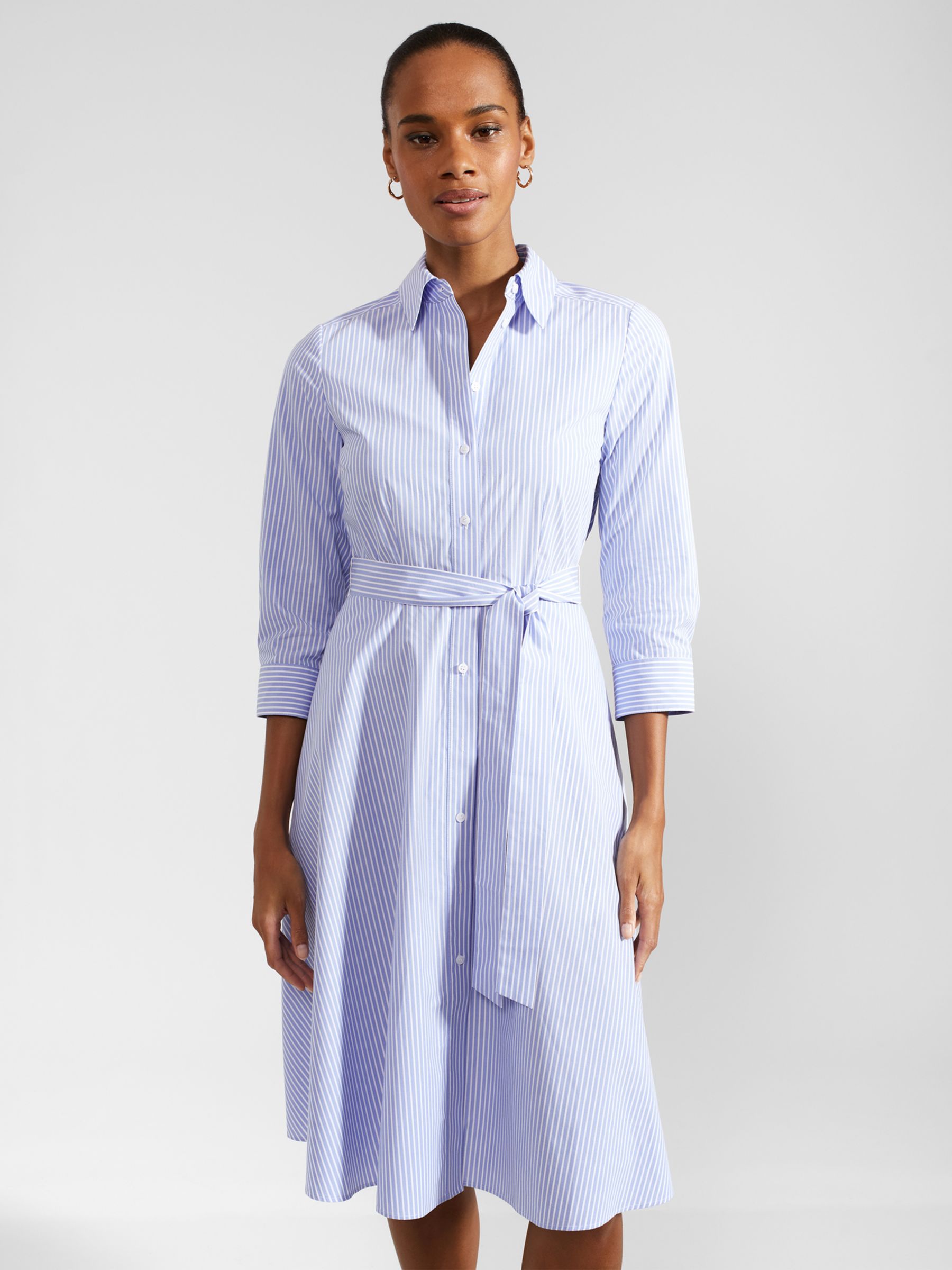 Hobbs Harlow Cotton Knee Length Shirt Dress, Blue/Ivory, 10