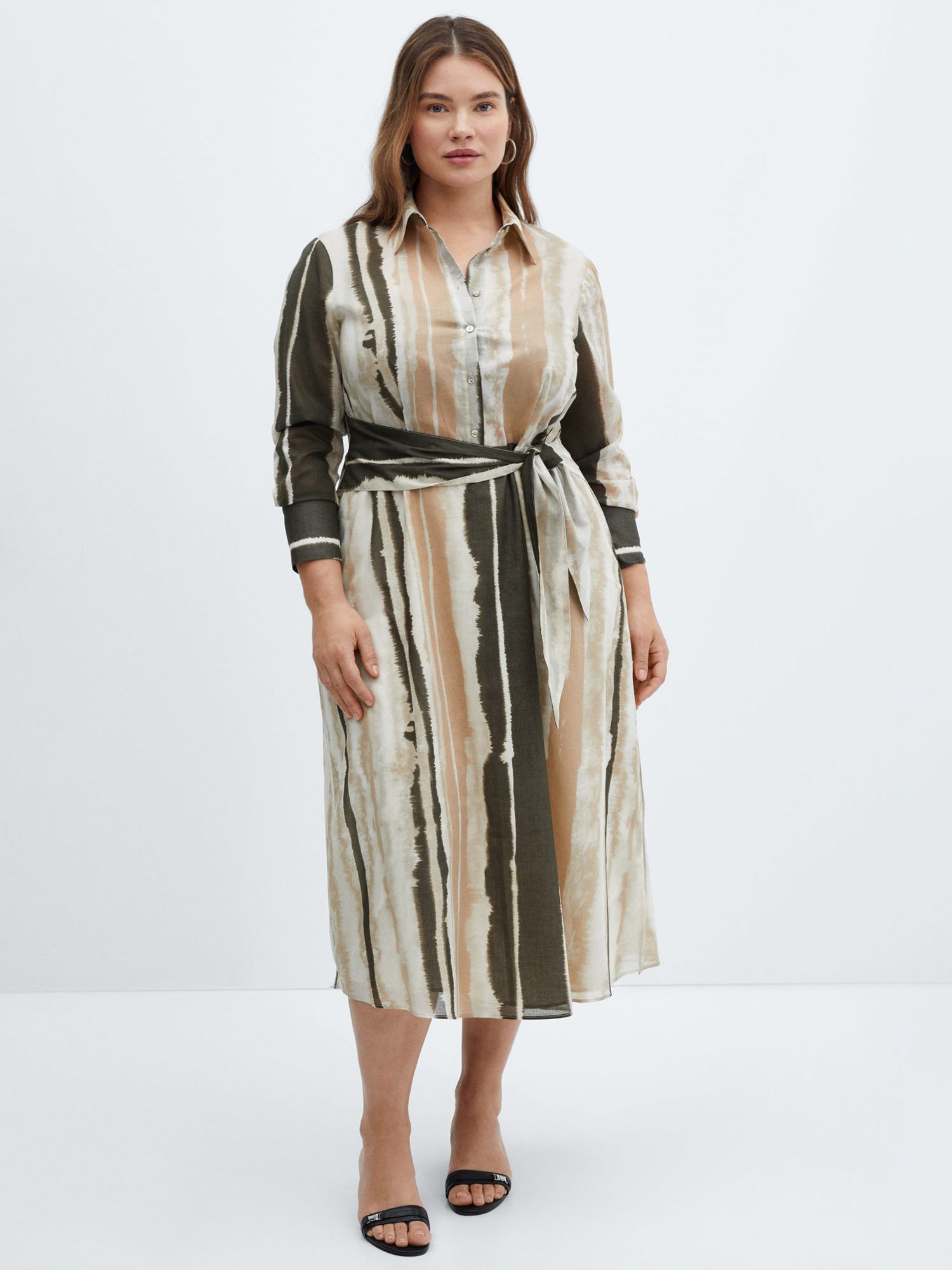 Mango Zoey Tie-Dye Stripe Midi Shirt Dress, Light Beige/Multi, 10