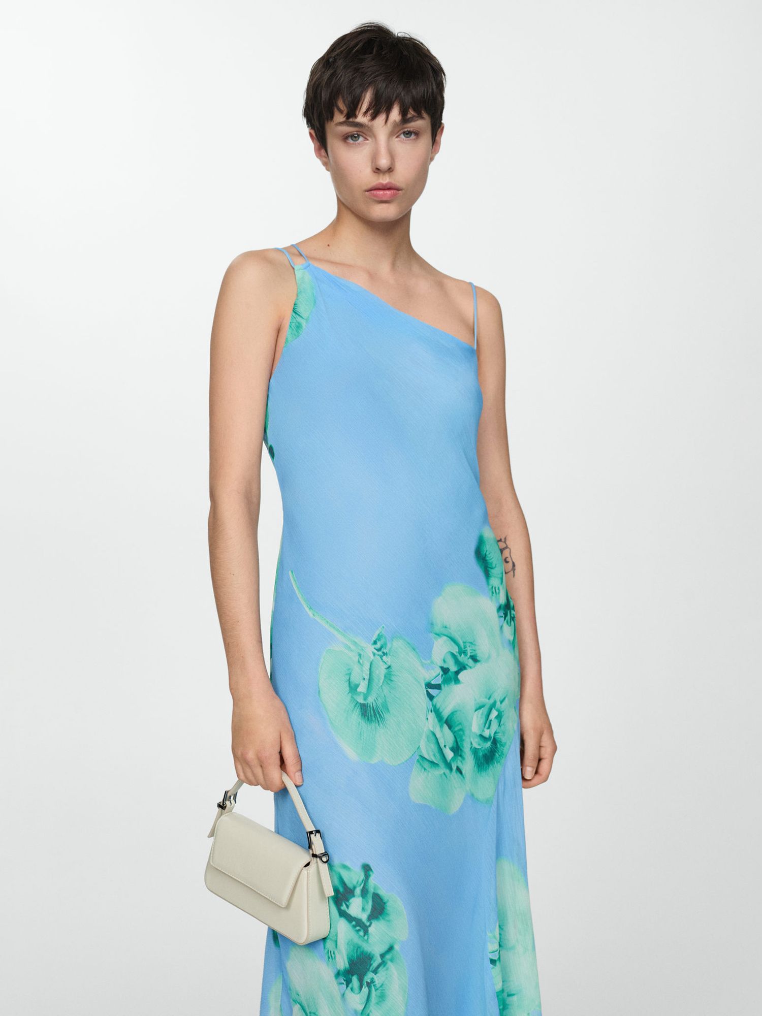 Mango Philo Asymmetric Floral Maxi Dress, Light Pastel Blue/Multi, 10